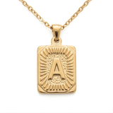 18K Gold Filled Initial Alphabet Pendant Necklace (A to Z) – Sunburst Rectangular Dog Tag Letter Necklace for Women
