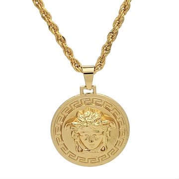 18K Gold Filled Iconic Greek Medusa Head Pendant Necklace – Medallion with Rope Chain