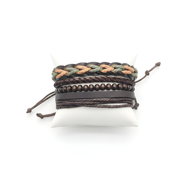 5 Piece Black & Dark Brown PU Leather Bracelet Set