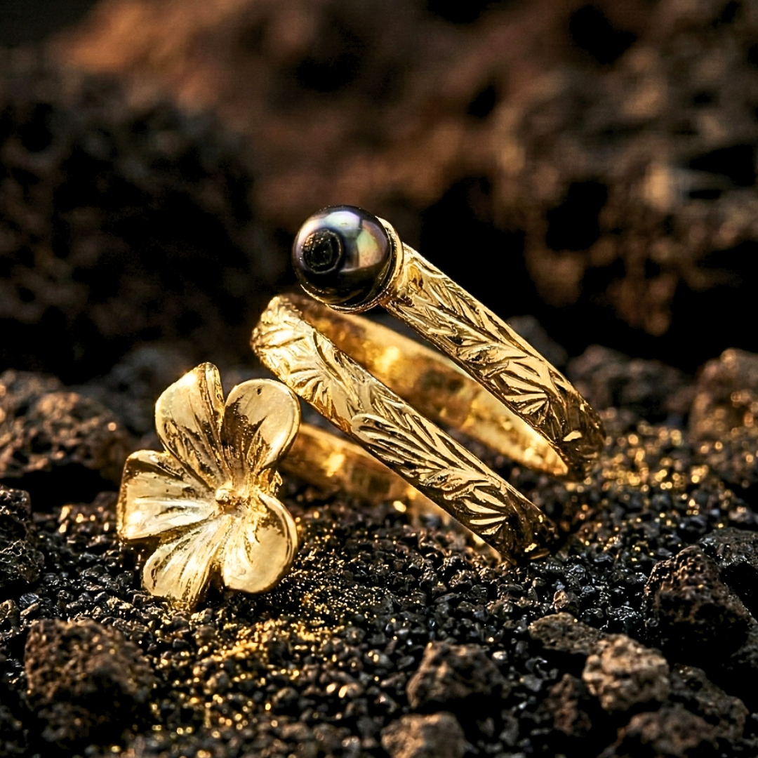 18K Gold Filled Hawaiian Plumeria Ring with Black Pearl