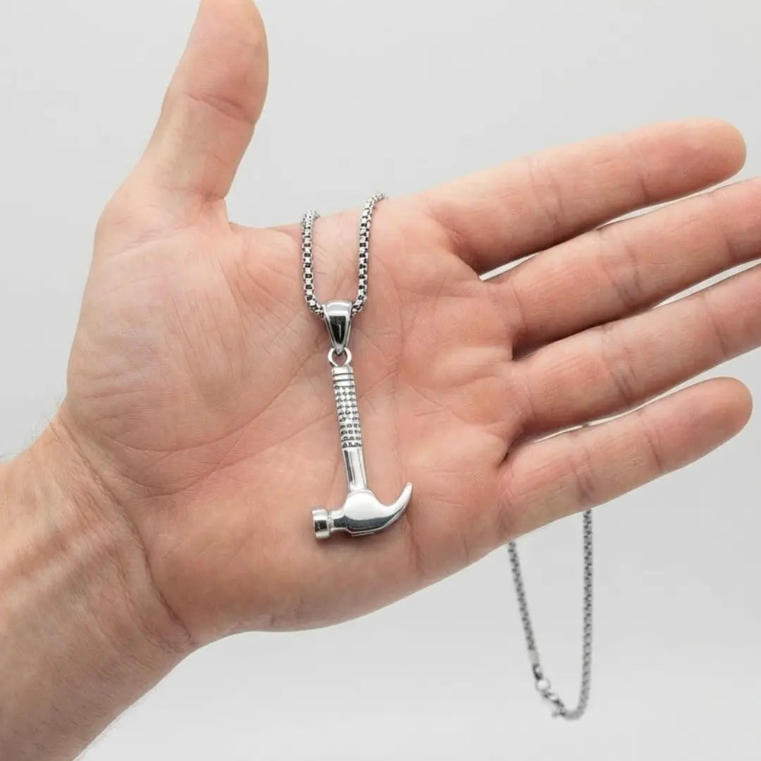 Claw Hammer Pendant Necklace with Silver Box Chain (58cm) – Rugged Industrial Statement Jewelry
