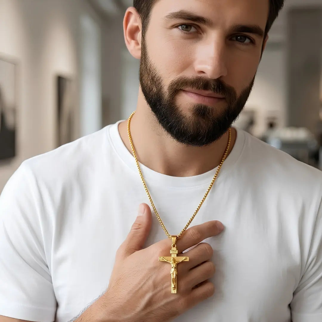 Stainless Steel Crucifix Cross Pendant Necklace with 60cm Box Chain – Tarnish-Proof Unisex INRI Christian Jewelry