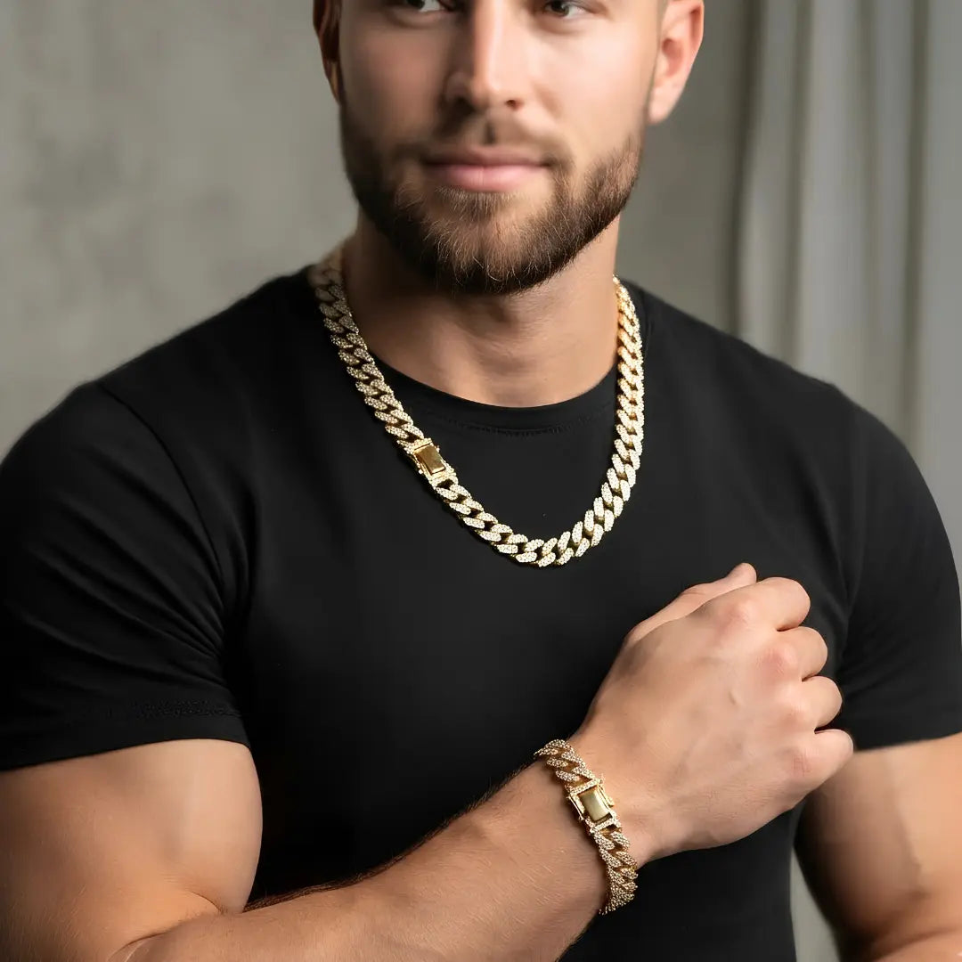18K Gold Filled Iced-Out Cuban Link Chain Necklace & Bracelet Set (12mm) – Pavé Diamond-Style Luxury Jewelry