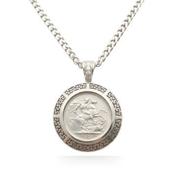 Silver Full Sovereign Coin Pendant Necklace – 1913 St. George & Dragon Coin with Greek Key Bezel & Pavé CZ Bail