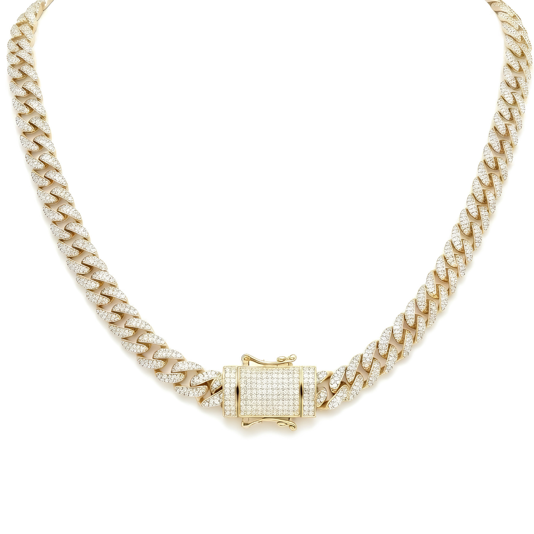 18K Gold Filled Iced-Out Cuban Link Chain Necklace (12mm x 45cm) – Pavé Diamond-Style Luxury Jewelry