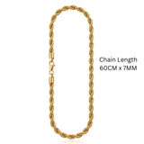 60CM x 7MM 18K Gold Filled Rope Chain Necklace | Tarnish-Proof Unisex Jewelry