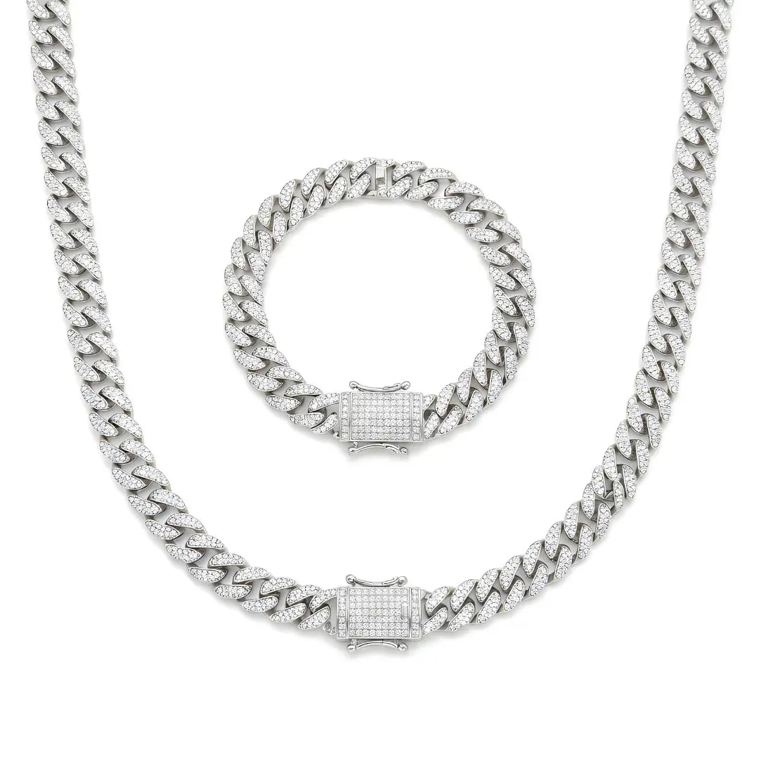 Silver Iced-Out Cuban Link Chain & Bracelet Set (12mm x 40cm Necklace) – Pavé Diamond-Style Luxury Jewelry