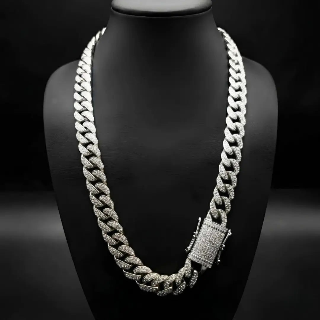 Silver Iced-Out Cuban Link Chain Necklace (12mm x 60cm) – Pavé Diamond-Style Luxury Jewelry