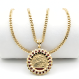 18K Gold Filled Sovereign Pendant Necklace – 1911 St. George Coin with Ruby & CZ Scalloped Bezel