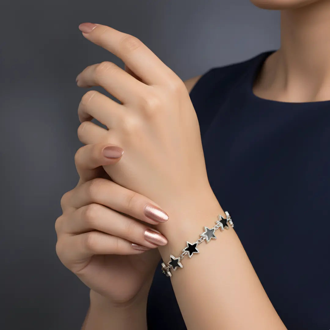 Silver Starfish Black Enamel Bracelet