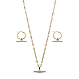 18K Gold Filled Tarnish Proof Hawaiian Figaro Chain Necklace & T-Bar Hoop Earrings Set