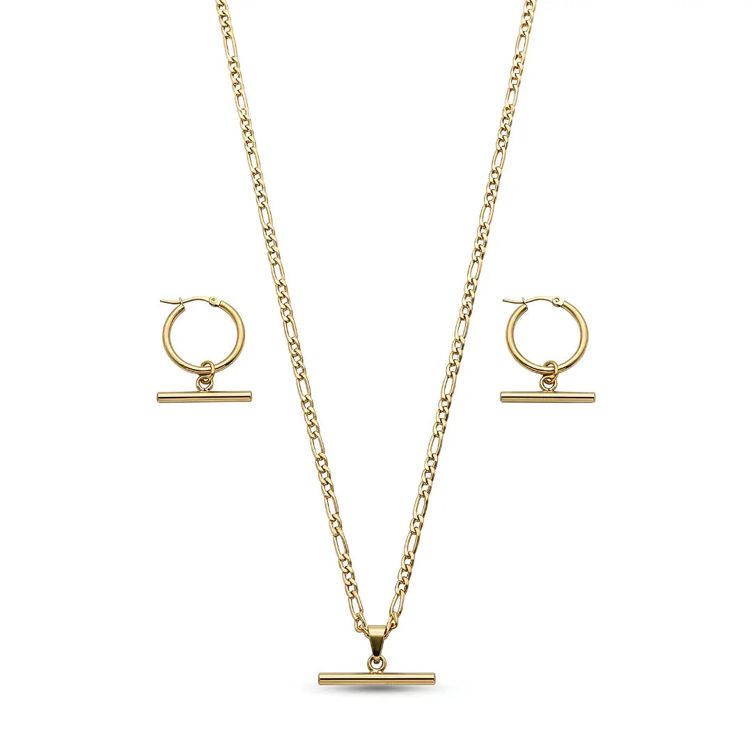 18K Gold Filled Tarnish Proof Hawaiian Figaro Chain Necklace & T-Bar Hoop Earrings Set