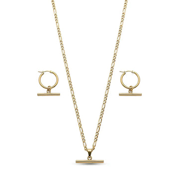 18K Gold Filled Tarnish Proof Hawaiian Figaro Chain Necklace & T-Bar Hoop Earrings Set