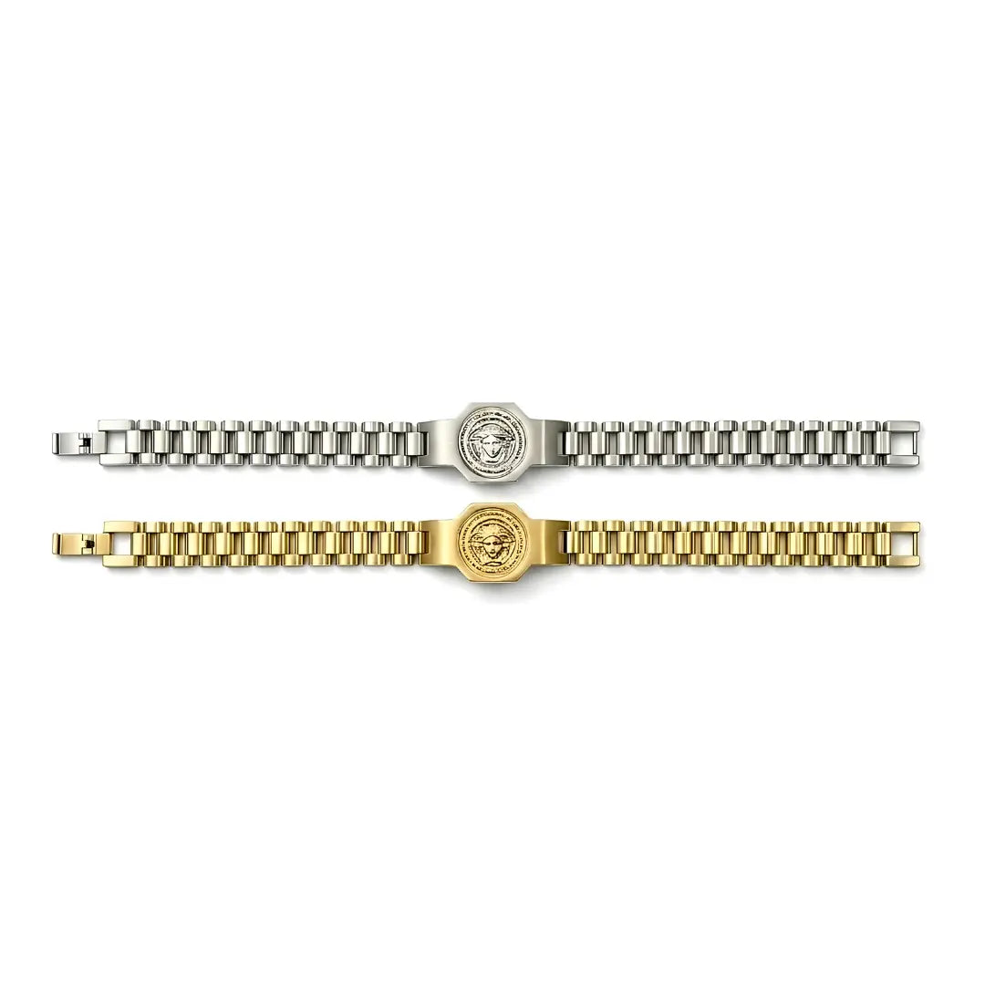 23CM x 14MM Unisex Medusa Head Emblem Link Bracelet – 18K Gold Filled & Stainless Steel Silver Tarnish-Proof Jewelry