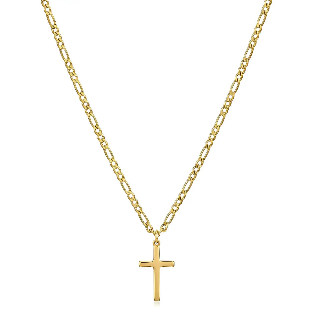 60CM x 4MM 14K Gold Filled Figaro Chain Cross Necklace | Waterproof Tarnish Proof Crucifix Pendant for Men & Women