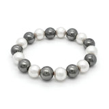 Unisex Hawaiian 12mm Shell Pearl Stretchable Bracelet – Alternating White & Dark Grey Pearl Bead Elastic Wristband for Men and Women
