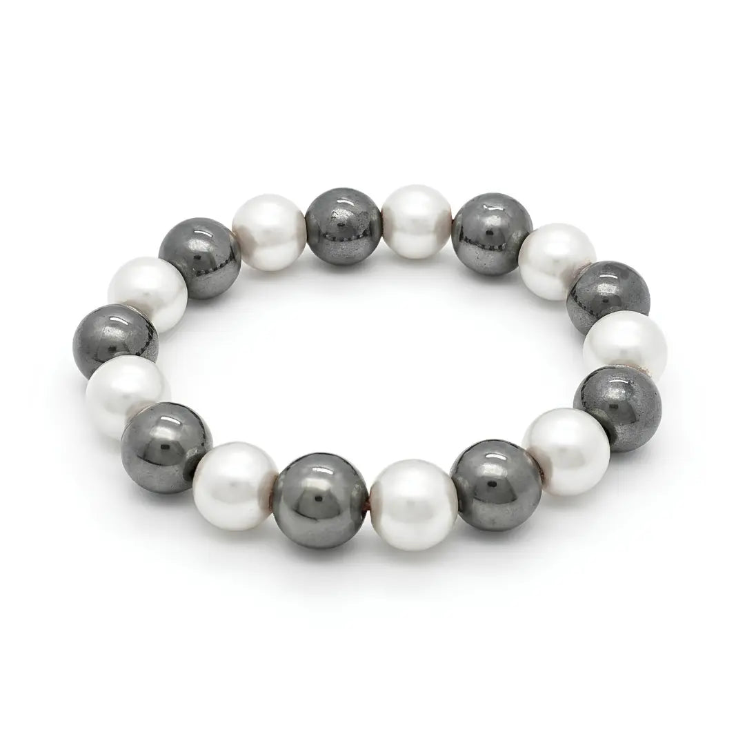 Unisex Hawaiian 12mm Shell Pearl Stretchable Bracelet – Alternating White & Dark Grey Pearl Bead Elastic Wristband for Men and Women