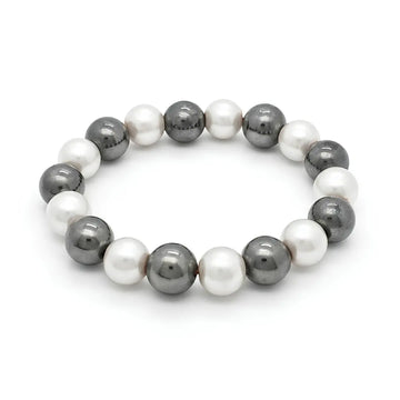 Unisex Hawaiian 12mm Shell Pearl Stretchable Bracelet – Alternating White & Dark Grey Pearl Bead Elastic Wristband for Men and Women