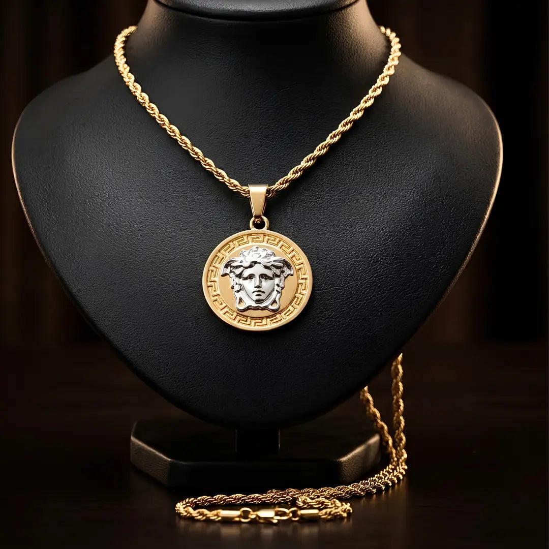 62CM x 5MM 18K Gold-Filled Two-Tone Medusa Medallion Pendant Necklace – Twisted Rope Chain Unisex Greek Key Statement Jewelry