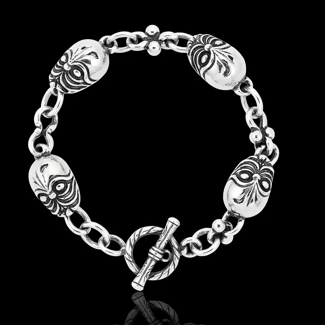 23CM x 14MM Silver Stainless Steel Tribal Mask Toggle Bracelet - Tarnish-Proof Statement Jewelry