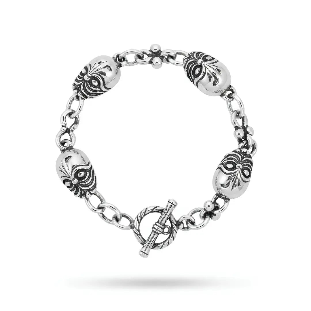 Silver Stainless Steel Tribal Skull Link Bracelet (22cm) – Tarnish-Resistant Gothic Statement Wristwear with Toggle Clasp