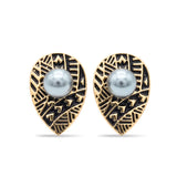 20MM Hawaiian Tribal Teardrop Pearl Stud Earrings - Gold & Black Enamel Polynesian Pearl Earrings for Women