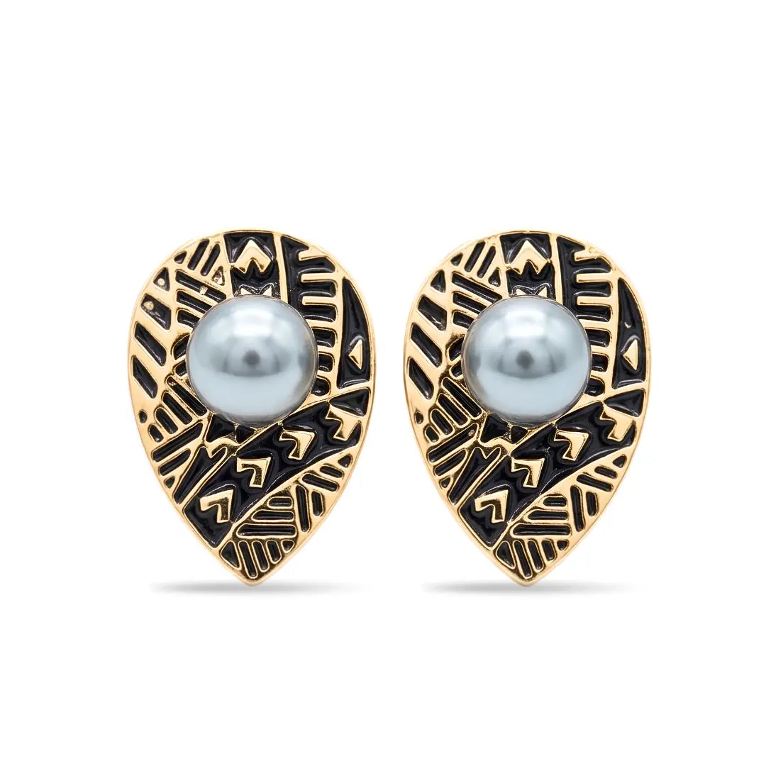 20MM Hawaiian Tribal Teardrop Pearl Stud Earrings - Gold & Black Enamel Polynesian Pearl Earrings for Women