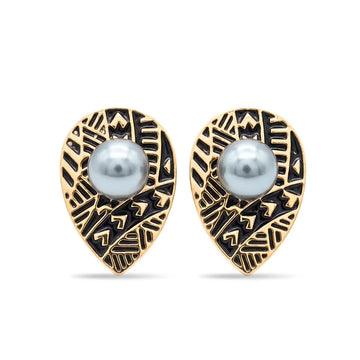 20MM Hawaiian Tribal Teardrop Pearl Stud Earrings - Gold & Black Enamel Polynesian Pearl Earrings for Women