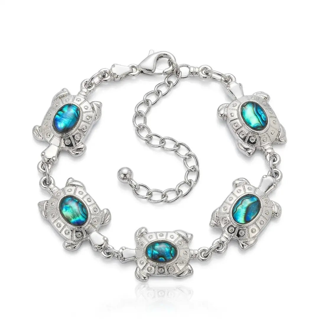 22CM Adjustable Hawaiian Silver Sea Turtle Abalone Shell 5-Charm Bracelet