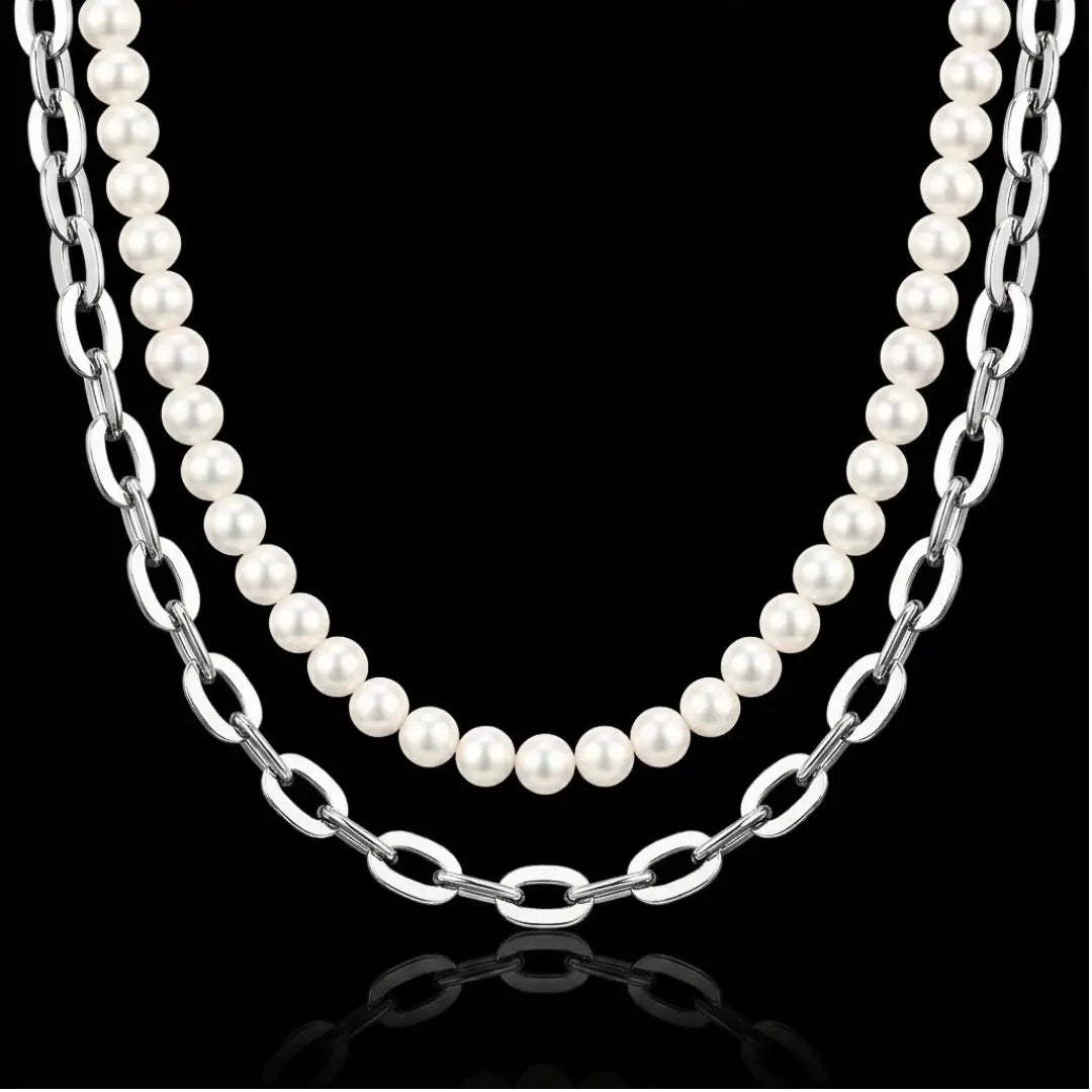 Men's Layered Pearl & Silver Paperclip Chain Necklace Set | Modern Unisex Jewelry