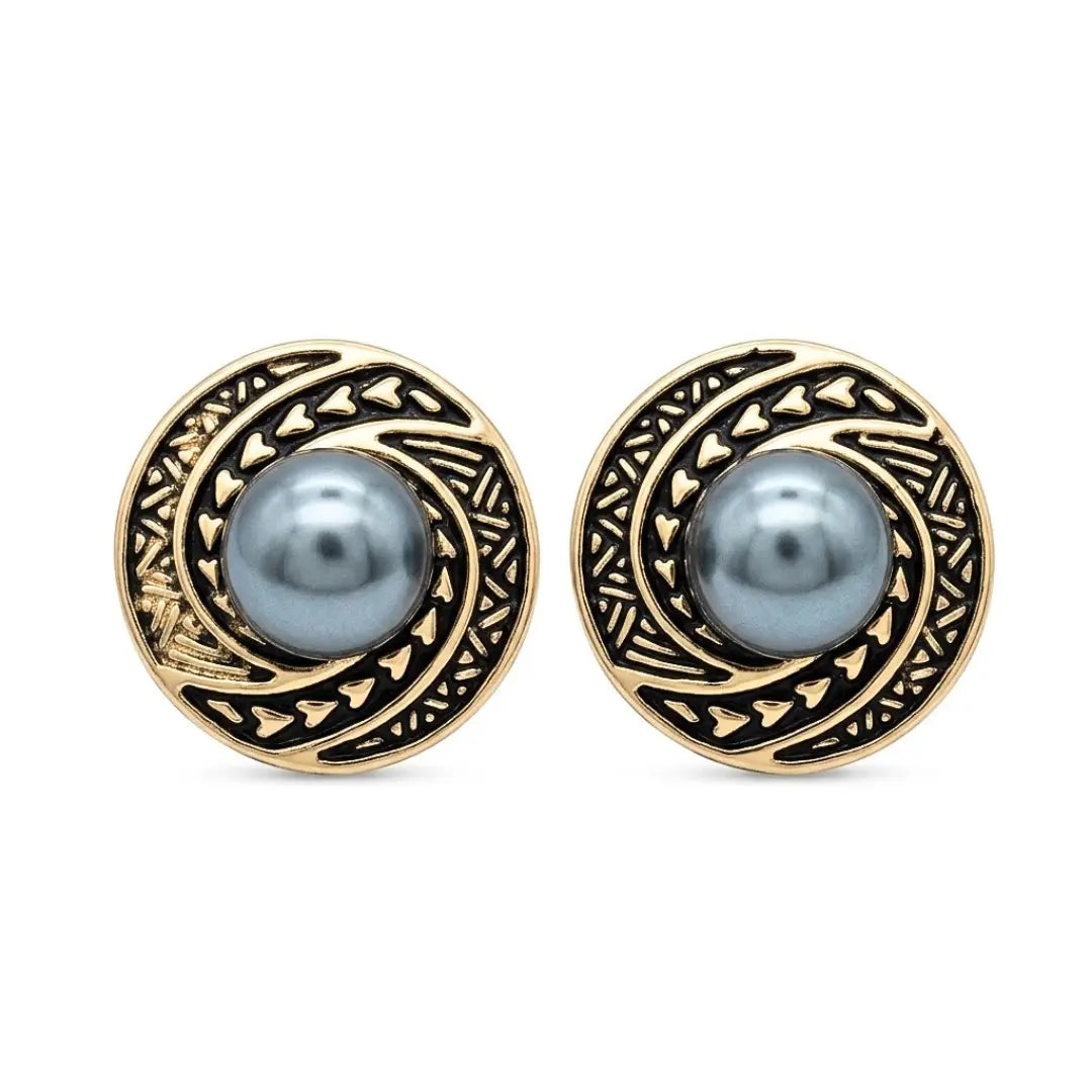 20MM Hawaiian Black Pearl Stud Earrings - Gold Carved Polynesian Scroll Earrings