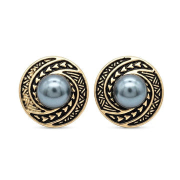 20MM Hawaiian Black Pearl Stud Earrings - Gold Carved Polynesian Scroll Earrings