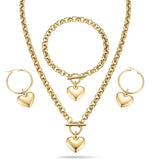 14K Gold Filled Heart Pendant Toggle Clasp Jewelry Set | Tarnish Proof Rolo Chain Necklace, Bracelet & Hoop Earrings
