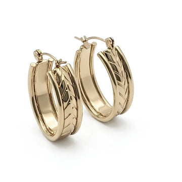 14K Gold Filled Hawaiian Chevron Carved Oval Hoop Earrings | Tarnish-Proof