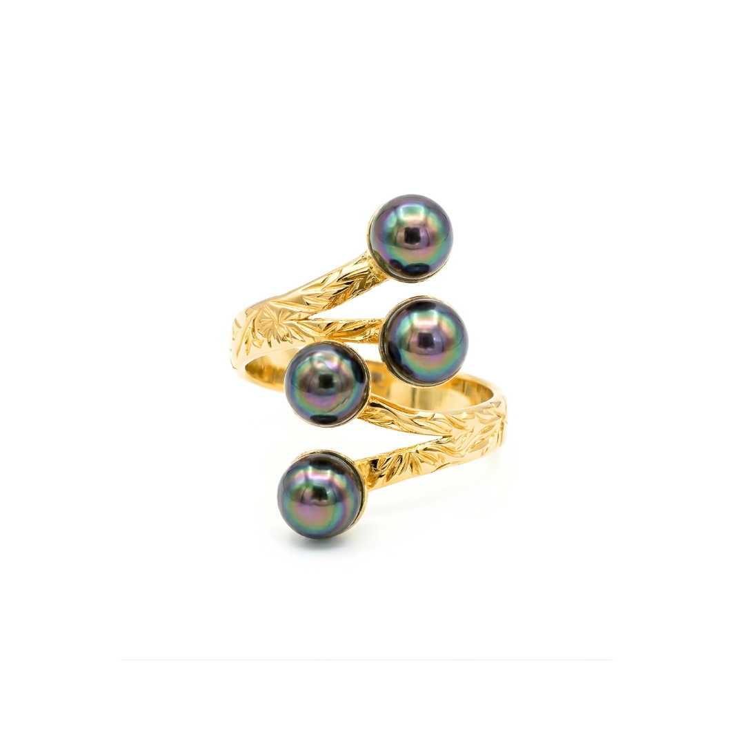 14K Gold Filled Adjustable Hawaiian Rainbow Black Pearl Ring – Multi-Pearl Bypass Statement Ring