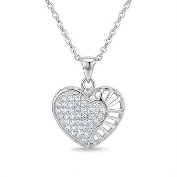 Silver Heart Pendant Necklace with American Diamonds – Pavé & Sunburst Cutout Heart