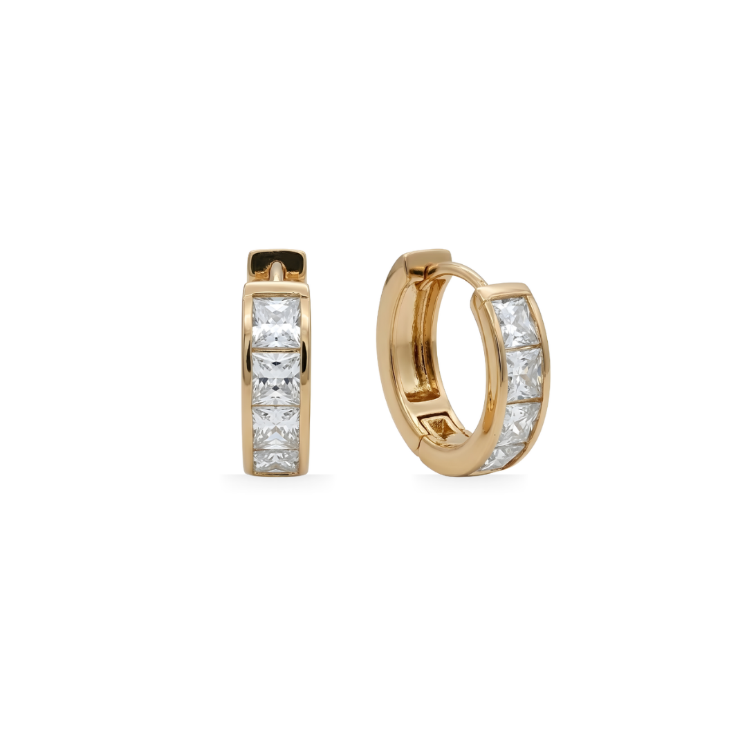 18K Gold Filled Princess-Cut CZ Channel Set Hoop Earrings – Wide Square Crystal Huggie Earrings for Women