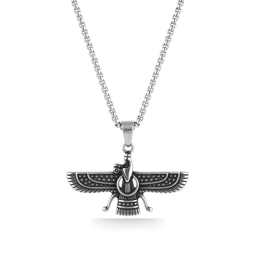 Faravahar Pendant Necklace – Oxidized Stainless Steel (50cm) – Ancient Persian Heritage Statement Jewelry