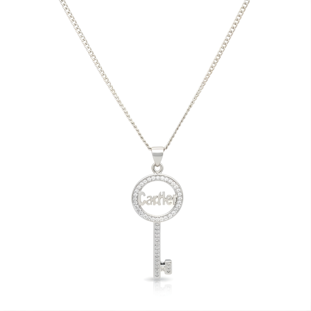 Sterling Silver American Diamond Key Pendant Necklace – Paved Script Key Pendant for Women