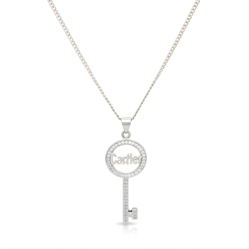 Sterling Silver American Diamond Key Pendant Necklace – Paved Script Key Pendant for Women
