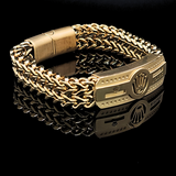 18K Gold Filled Crown Insignia ID Bar Franco Chain Bracelet – Embossed Crown & Logo Woven Mesh Bracelet for Men