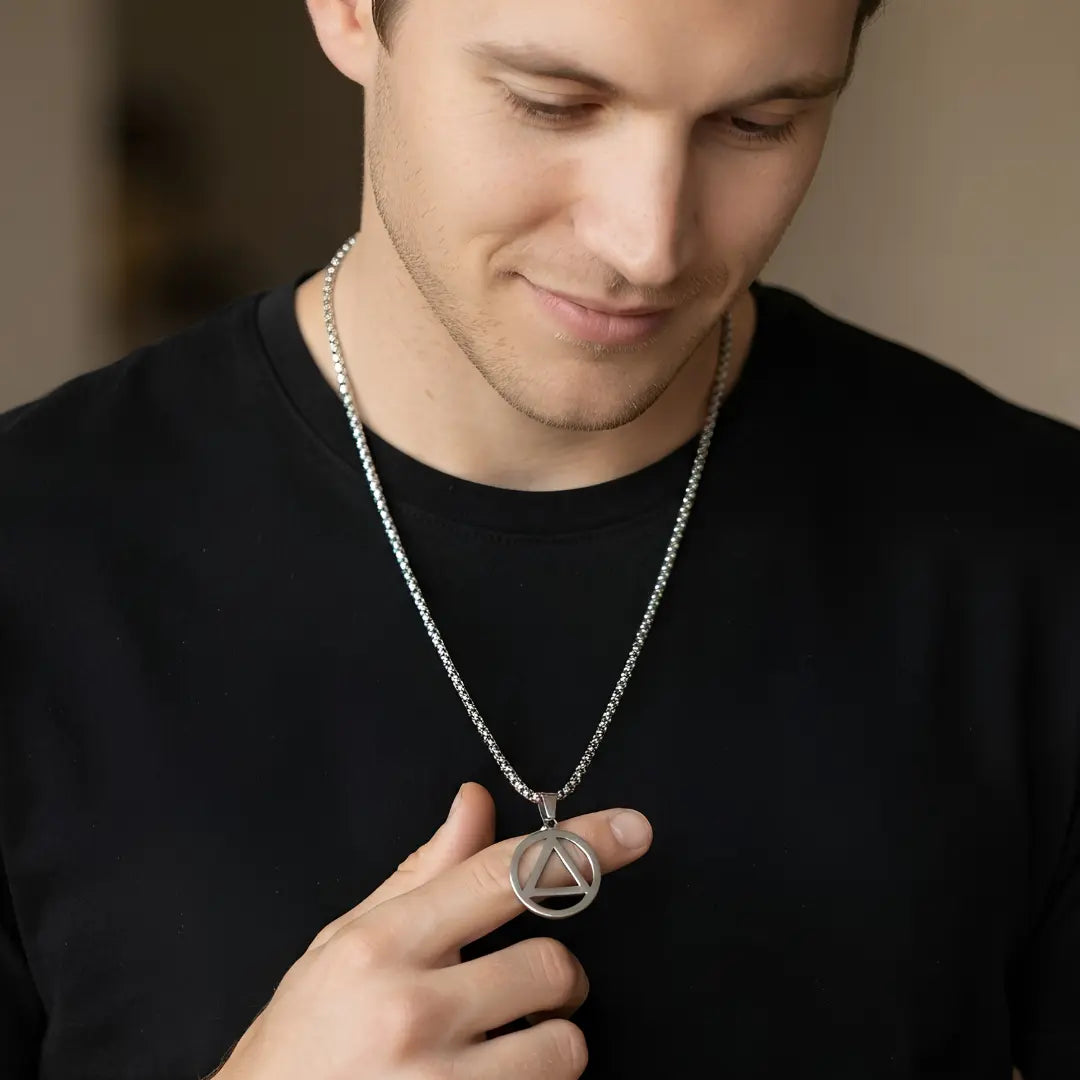 AA Symbol Pendant Necklace (52cm Stainless Steel) – Meaningful Circle & Triangle Recovery Jewelry