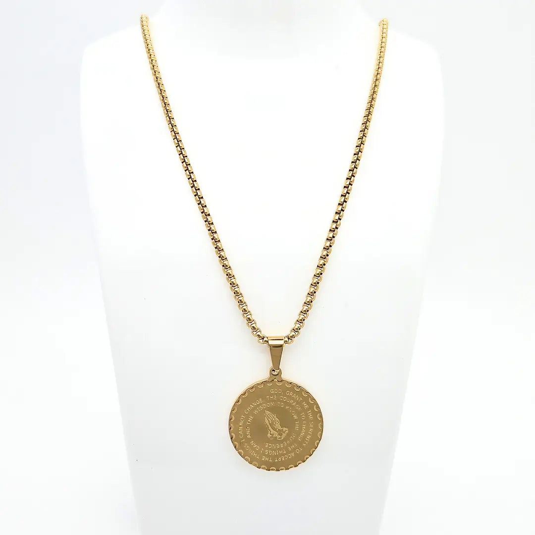 Serenity Prayer & Praying Hands Medallion Necklace (Black, Gold & Silver Tone) – 52cm Belcher Chain
