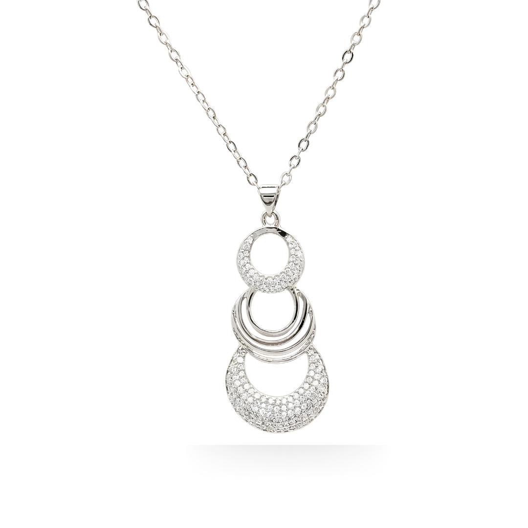 Silver Three Circle Pendant Necklace with American Diamonds – Tiered Concentric Ring Drop Necklace for Women