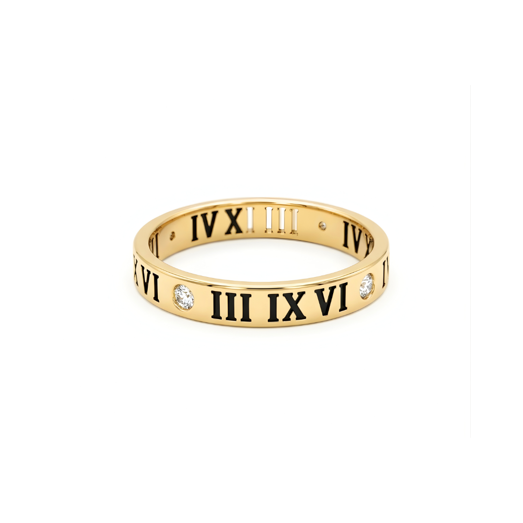 18K Gold Filled Roman Numeral Band Ring with Cubic Zirconia Diamonds