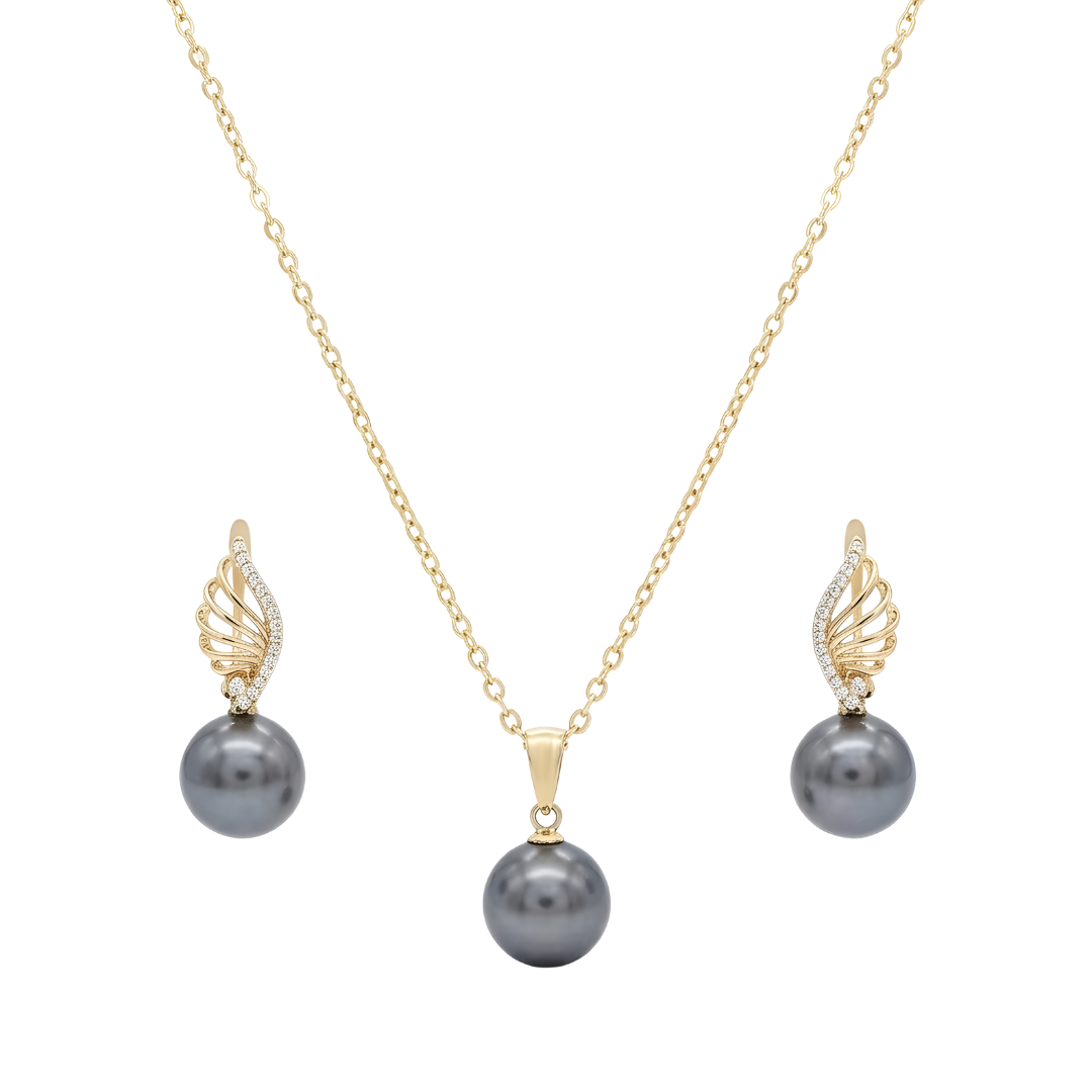 18K Gold Filled Hawaiian Pearl Necklace with Diamond Huggee Earrings