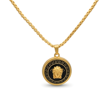 18K Gold Filled Iconic Greek Medusa Head Pendant Necklace – 20mm Black Enamel Medallion with Box Chain