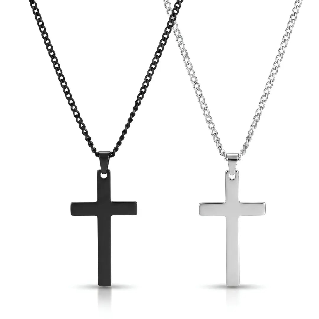 Stainless Steel Cross Pendant Necklace with Curb Chain – Tarnish-Proof Unisex Religious Jewelry in Silver & Black