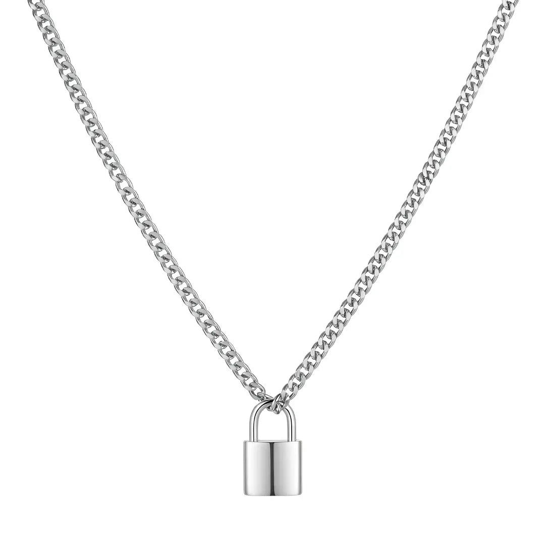 Stainless Steel Padlock Pendant Necklace with Curb Chain (60cm) – Modern Lock Charm Statement Jewelry