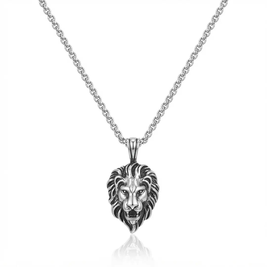 Lion Head Pendant Necklace – Stainless Steel Franco Chain (60cm) – Bold Strength & Leadership Statement Jewelry